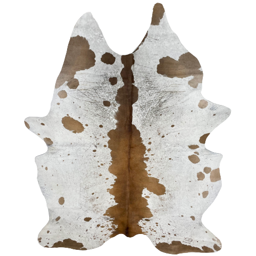 Large White and Brown Speckled Brazilian Cowhide, 2 brand marks:  white with brown speckles and spots, brown down the middle, and one brand mark on the right, hind shank, and another on the left side, along the lower edge - 7'11" x 5'4" (BRSP1862)