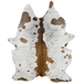 Large White and Brown Speckled Brazilian Cowhide, 2 brand marks:  white with brown speckles and spots, brown down the middle, and one brand mark on the right, hind shank, and another on the left side, along the lower edge - 7'11" x 5'4" (BRSP1862)
