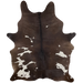 Large Dark Brown and White Speckled Brazilian Cowhide, 2 brand marks:  dark brown with a few white spots that have dark brown speckles, and two brand marks, one on each side, along the lower edge - 7'6" x 5'5" (BRSP1881)