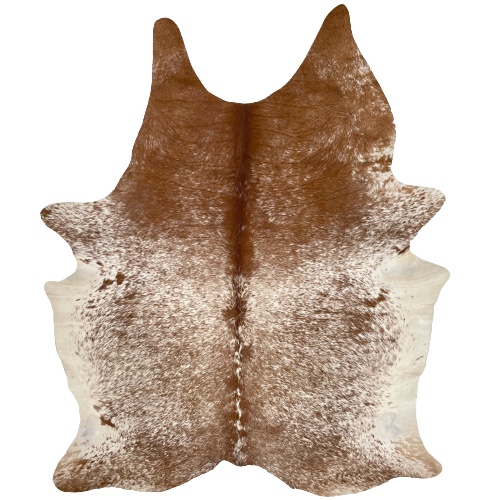 Large Brown and White Speckled Brazilian Cowhide:  white with brown speckles and spots, brown with white speckles on the shoulder and neck, and off-white on the belly - 7'8" x 5'7" (BRSP1885)