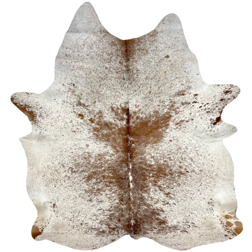 White and Brown Speckled Brazilian Cowhide, 1 brand mark:  white with brown speckles and spots, and has one brand mark on the left side, near the lower edge - 7'2" x 5'3" (BRSP1899)