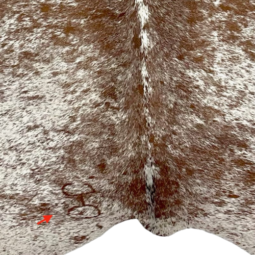 White and Brown Speckled Brazilian Cowhide, showing one brand mark on the left side, near the lower edge (BRSP1899)