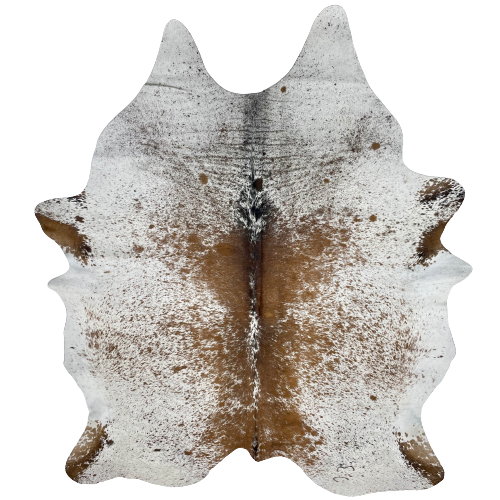 Large White and Brown Speckled Brazilian Cowhide, 2 brand marks:  white with brown speckles and spots, a few black speckles on the spine, and has two brand marks on the right side, near the lower edge - 7'7" x 5'8" (BRSP1916)