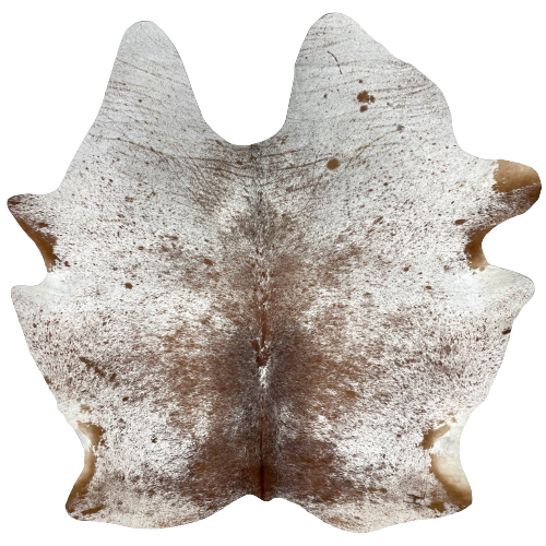 Large White and Brown Speckled Brazilian Cowhide, 1 brand mark:  white with brown speckles and spots on the sides, belly, and shanks, and brown with fine, white speckles on the back, one brand mark on the right, hind shank - 7'11" x 6'8" (BRSP1920)