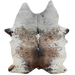 Large Tricolor Speckled Brazilian Cowhide:  white with brown and black speckles and spots on the belly, shanks, and shoulder, and brown and black, with fine, white speckles, down the middle - 7'9" x 5'5" (BRSP1950)