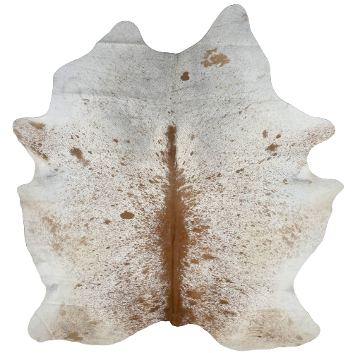 White and Brown Speckled Brazilian Cowhide, 1 brand mark:  white with brown speckles and spots, solid brown down the spine, and one brand mark on the right, hind shank - 7'3" x 5'11" (BRSP1951)