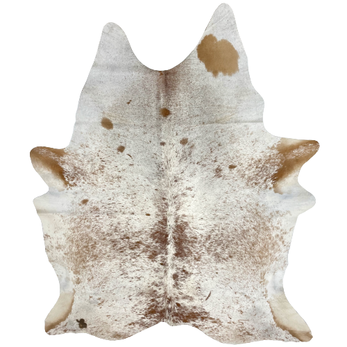 White and Brown Speckled Brazilian Cowhide, 2 brand marks:  white with brown speckles and spots, and it has one brand mark on each hind shank - 7'5" x 5'7" (BRSP1965)