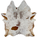 Brown and White Speckled Brazilian Cowhide, 4 brand marks:  white with brown speckles and spots, three brand marks on the right hind shank, and another near the front right shank - 7'4" x 5'11" (BRSP1971)