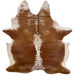 Large Reddish Brown and White Speckled Brazilian Cowhide, 2 brand marks:  mostly solid reddish brown, with white speckles in the middle, on the shoulder, and on the butt, white with brown speckles down the middle, on the belly, and along the edge of the shoulder and neck, and it has one brand mark along the spine on the left side, and another along the lower edge, on the right side - 7'7" x 5'8" (BRSP1983)