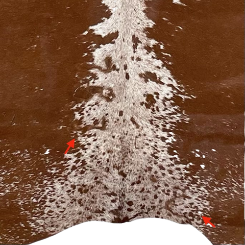 Large Reddish Brown and White Speckled Brazilian Cowhide, showing one brand mark along the spine on the left side, and another along the lower edge, on the right side (BRSP1983)