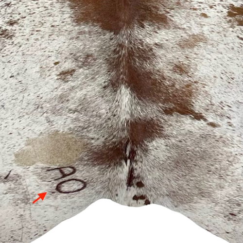 Large White and Brown Speckled Brazilian Cowhide, showing one brand mark near the lower edge, on the left side (BRSP1988)