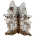 XL Brown and White Speckled Brazilian Cowhide, 1 brand mark:  white with brown speckles and spots, brown with white speckles down the spine and across the lower edge, and it has one brand mark on the left side - 8' x 5'10" (BRSP1995)