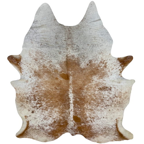 Large Brown and White Speckled Brazilian Cowhide, 1 brand mark:  white with brown speckles and spots, and it has one brand mark on the right side, near the lower edge - 7'10" x 6' (BRSP2004)