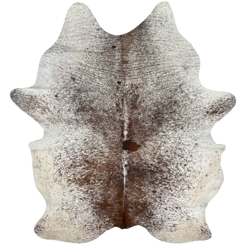 Large Reddish Brown and White Speckled Brazilian Cowhide, 1 brand mark:  white with reddish brown speckles and spots, and it has one brand mark near the right, hind shank - 7'11" x 5'9" (BRSP2017)