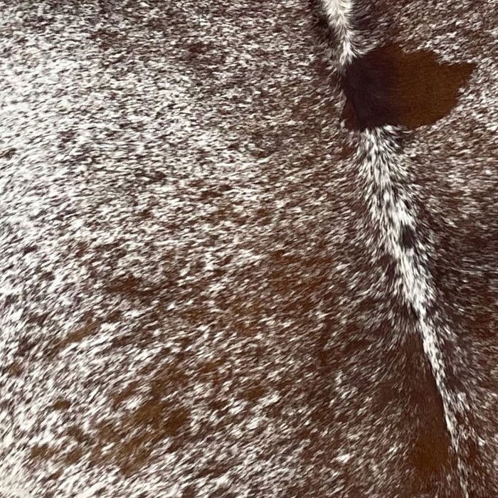 Closeup of this Large Reddish Brown and White Speckled Brazilian Cowhide, showing white with reddish brown speckles and spots (BRSP2017)
