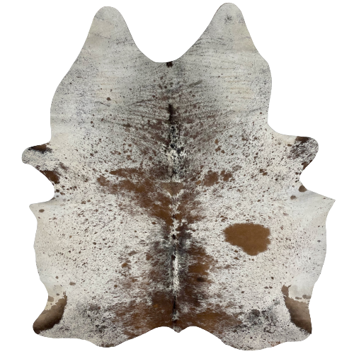 Tricolor Speckled Brazilian Cowhide, 1 brand mark:  white with brown and black speckles and spots, and it has one brand mark on the right, hind shank - 7'5" x 5'8" (BRSP2022)