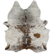 Tricolor Speckled Brazilian Cowhide, 1 brand mark:  white with brown and black speckles and spots, and it has one brand mark on the right, hind shank - 7'5" x 5'8" (BRSP2022)