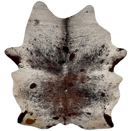 Large Tricolor Speckled Brazilian Cowhide:  off-white with brown and black speckles and spots, and it has cream, with speckles and spots, on the belly and hind shanks - 7'9" x 5'10" (BRSP2026)