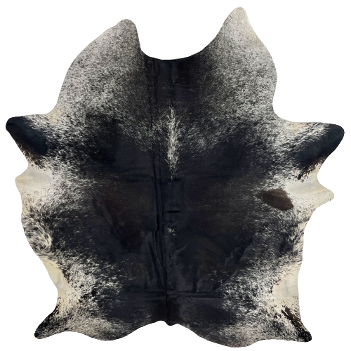 Large Black and White Speckled Brazilian Cowhide, 2 brand marks:  black, with a few white speckles, on the back, and white with black speckles and spots on the belly, shanks, and shoulder, and it has one large, dark brown spots below the right, fore shank, and it has two brand marks near the lower edge, one on each side - 7'7" x 6' (BRSP2037)