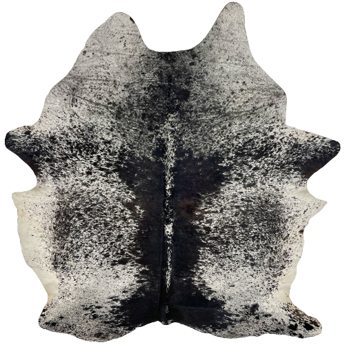 Large Black and White Speckled Brazilian Cowhide:  white with black speckles and spots, and mostly solid black down both sides of the spine, with a splash of blackish brown in the middle, on the right side - 7'10" x 6'4" (BRSP2044)
