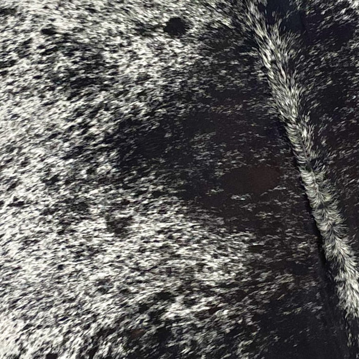 Closeup of this XL, Black and White, Speckled, Brazilian Cowhide, showing white with black speckles and spots (BRSP2045)