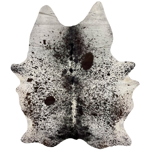 Large Tricolor Speckled Brazilian Cowhide, 1 brand mark:  white with black speckles and spots, down the middle, and dark brown speckles and spots down both sides, and it has one brand mark along the lower edge, on the right side - 7'11" x 5'10" (BRSP2049)