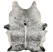 XXL White and Black Speckled Brazilian Cowhide, 1 brand mark:  white with black speckles and spots, and it has one brand mark near the lower edge, on the left side - 8'9" x 6'3" (BRSP2051)