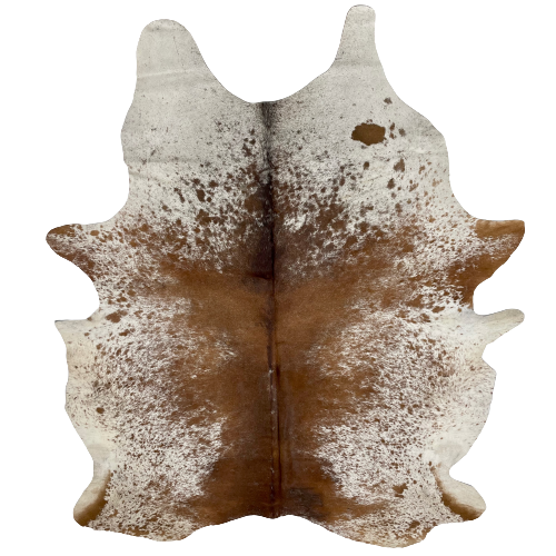 XL Brown and White Speckled Brazilian Cowhide, 1 brand mark:  white with brown speckles and spots, and is mostly solid brown down the middle, and it has one brand mark on the right side, near the lower edge - 8'4" x 6'2" (BRSP2059)