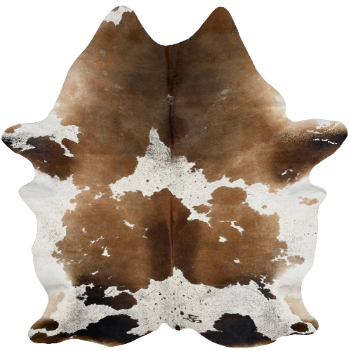 Brown and White Speckled Brazilian Cowhide, 1 brand mark:  white with large brown spots, large and small blackish brown spots, and brown and blackish brown speckles, and it has one brand mark on the right side, near the lower edge - 7'2" x 5'7' (BRSP2065)
