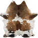 Brown and White Speckled Brazilian Cowhide, 1 brand mark:  white with large brown spots, large and small blackish brown spots, and brown and blackish brown speckles, and it has one brand mark on the right side, near the lower edge - 7'2" x 5'7' (BRSP2065)