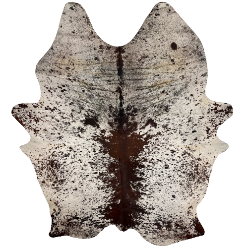 XXL Off-White and Dark Chocolate Speckled Brazilian Cowhide, 1 brand mark:  off-white with dark chocolate speckles and spots, solid dark chocolate down the spine, and it has one brand mark on the right side, near the hind shank - 8'6" x 6'5" (BRSP2080)