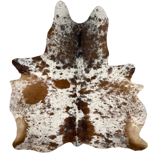 Large Brown and White Speckled Brazilian Cowhide, 2 brand marks:  white with medium brown and dark brown spots and speckles, and it has two brand marks, one on each side, along the spine, near the lower edge - 7'7" x 6'4" (BRSP2083)
