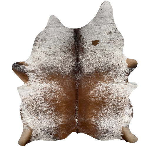 Large Brown and White Speckled Brazilian Cowhide, 1 brand mark:  white with brown speckles and spots, and it has one brand mark on the right side, on the butt - 7'8" x 5'11" (BRSP2134)