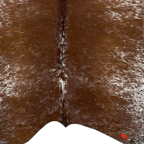 Closeup of this Large, Brown and White, Speckled, Brazilian Cowhide, showing one brand mark on the right side, on the butt (BRSP2134)