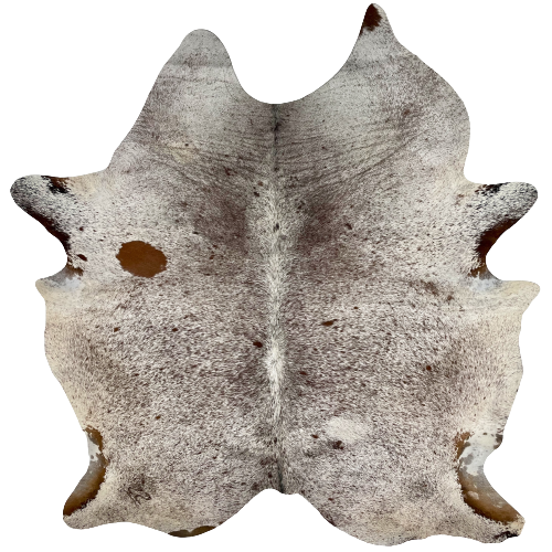 Large White and Brown Speckled Brazilian Cowhide, 1 brand mark:  white with brown speckles and spots, and it has one brand mark near the left, hind shank - 7'6" x 5'11" (BRSP2136)