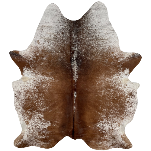 Brown and White Speckled Brazilian Cowhide, 1 brand mark:  brown down the middle, with white speckles on the spine, and white with brown speckles and spots on the sides, belly, shoulder, and shanks, and it has one brand mark on the right, hind shank - 7'4" x 5'6" (BRSP2140)