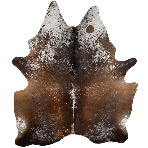 Large Brown and White Speckled Brazilian Cowhide, 1 brand mark:  brown with white speckles, and it has white with brown speckles and spots on the shoulder, and it has one brand mark on the butt, on the right side - 7'6" x 5'10" (BRSP2201)