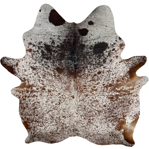 XL Tricolor Speckled Brazilian Cowhide:  white with brown speckles and spots covering most of the hide, and it has white with black speckles and spots on the shoulder and neck - 8' x 6'11" (BRSP2211)