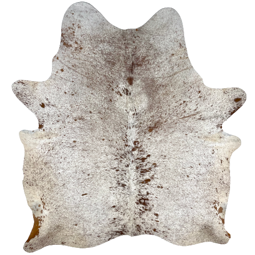 Large White and Brown Speckled Brazilian Cowhide, 2 brand marks:  white with brown speckles and spots, and it has one brand mark on the left side of the butt, and another along the spine, on the right side - 7'6" x 6'1" (BRSP2213)