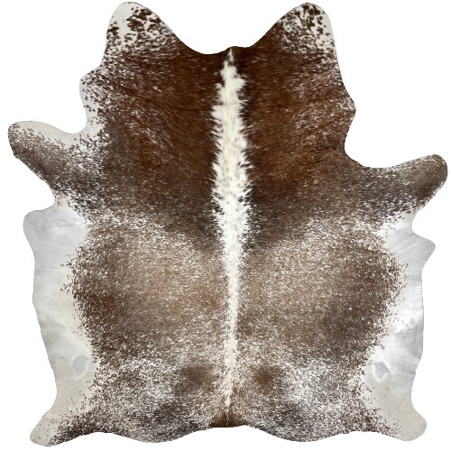Large Tricolor Speckled Brazilian Cowhide:  has a mix of brown and taupe with white speckles, and white, with a beautiful sheen, down the spine and on the belly - 7'7" x 6'4" (BRSP2215)