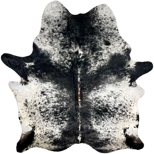 Black and White Speckled Brazilian Cowhide:  white with black speckles and spots, and it has black with fine, white speckles down both sides of the spine, and brown with white speckles on part of the spine, and also mostly solid black on the shanks - 7' x 5'8" (BRSP2223)
