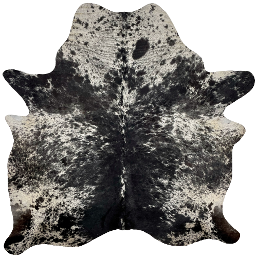 Black and White Speckled Brazilian Cowhide:  white with black spots and speckles, and it has mostly black, white fine, white speckles, down the middle of the back - 7'3" x 6' (BRSP2232)