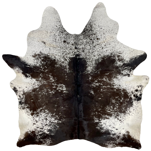 Dark Tricolor Speckled Brazilian Cowhide:  white with brownish black speckles and spots, and it has black and blackish brown down the middle - 7'5" x 6'2" (BRSP2234)