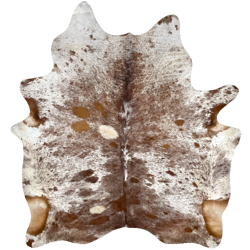 Large Brown and White Speckled Brazilian Cowhide:  white with brown speckles, spots that are different shades of brown, and it has two light tan spots on the left side - 7'8" x 6'3" (BRSP2238)