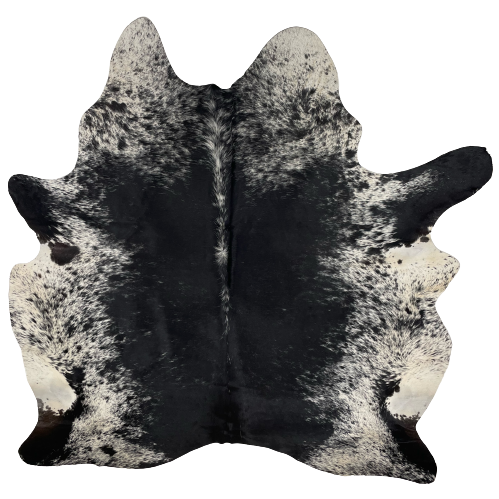 Black and White Speckled Brazilian Cowhide:  white with black speckles and spots, and it has mostly solid black down the middle of the hide, with white speckles on the spine - 6'11" x 5'11" (BRSP2240)