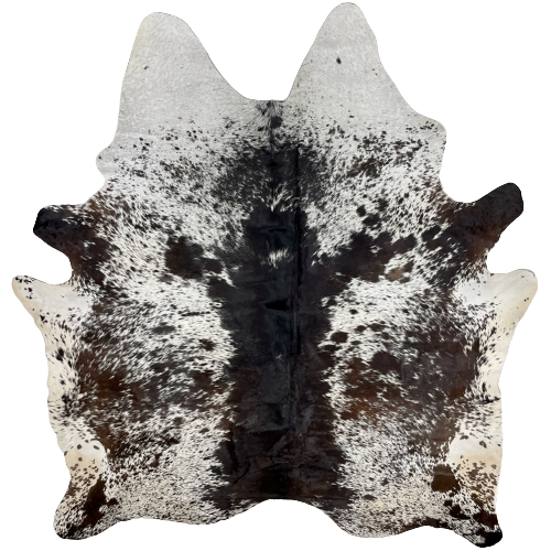 XL Tricolor Speckled Brazilian Cowhide:  white with black and dark brown speckles and spots, and it has mostly solid black down the middle, and off-white on the belly - 8'2" x 6'9" (BRSP2241)