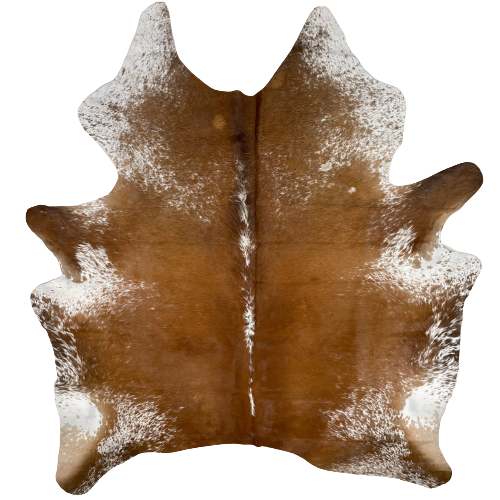 Brown and White Speckled Brazilian Cowhide:  mostly solid brown in the middle, with white speckles down the spine, and on the belly, shanks, and shoulder - 7'4" x 6'3" (BRSP2246)