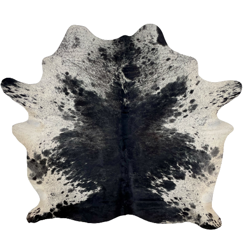 Black and White Speckled Brazilian Cowhide:  black with fine, white speckles on the back and butt, and white with black spots and speckles on the shoulder, shanks, and belly - 6'7" x 6'2" (BRSP2258)