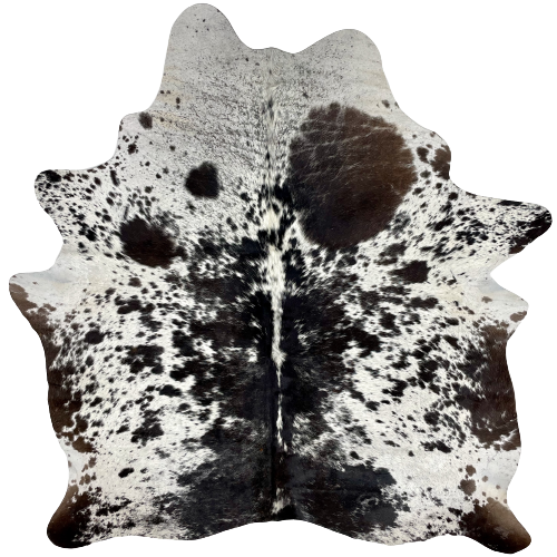 Black and White Speckled Brazilian Cowhide:  white with black speckles and spots, and it has dark brown on part of the belly and shanks, and a large dark brown spot on the shoulder -  6'8" x 5'9" (BRSP2261)