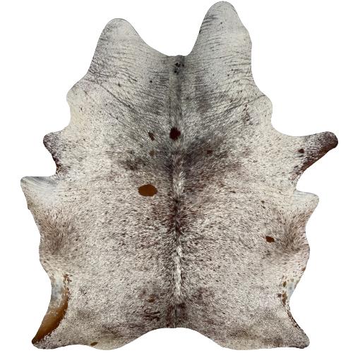 Large Tricolor Speckled Brazilian Cowhide, 1 brand mark:  white with brown spots and speckles over most of the hide, white with black and brown speckles on the shoulder, and it has one brand mark on the left side of the butt) - 7'6" x 5'8" (BRSP2266)